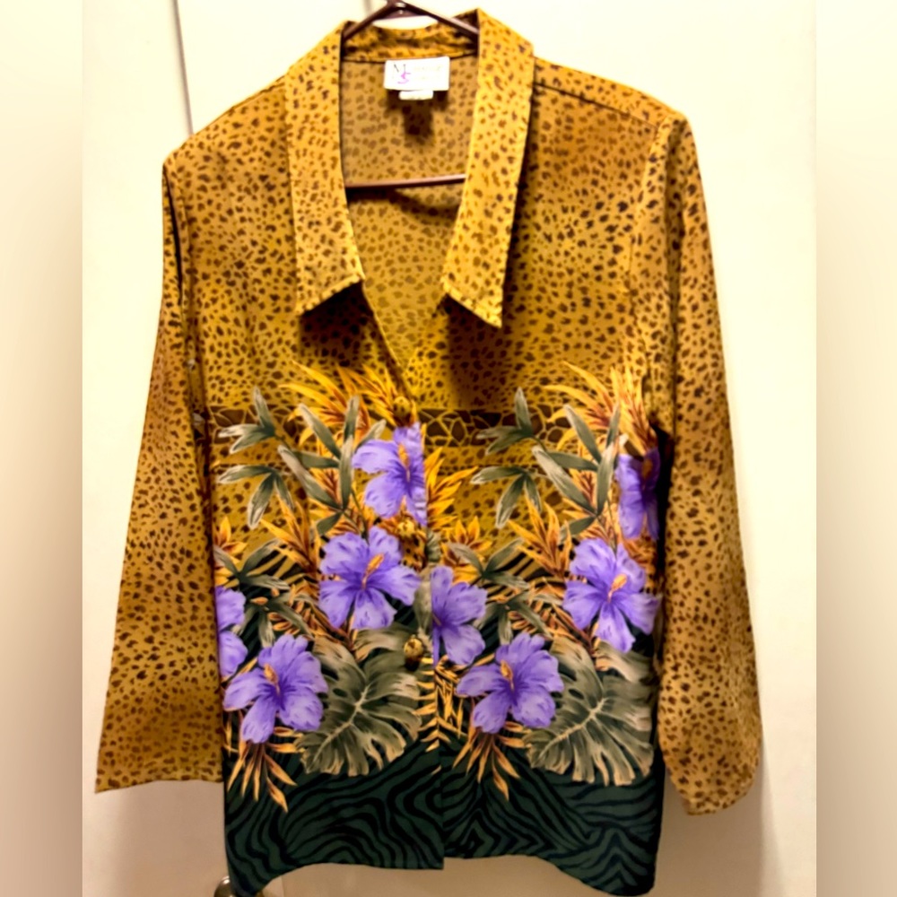 Silky button up blouse in leopard and jungle print by Maggie Sweet
